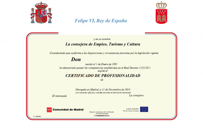 Título de certificado de profesionalidad oficial