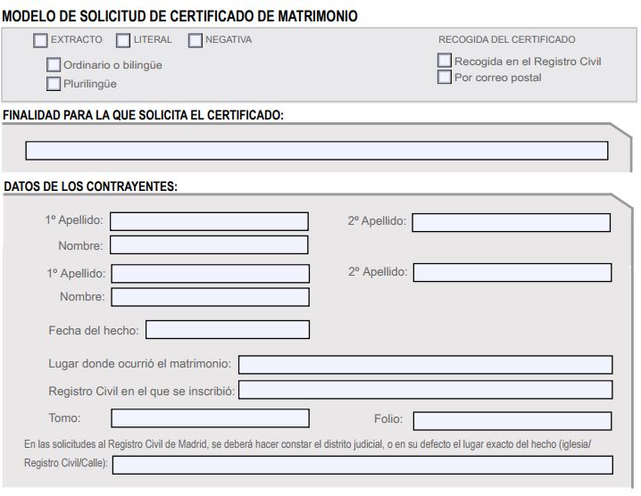 Modelo solicitud certificado de matrimonio